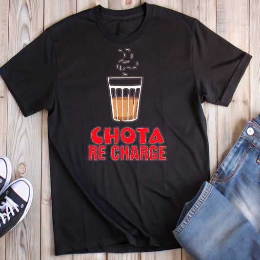  Black t-shirt featuring a glass of steaming chai and red text "CHOTA RE CHARGE", styled with jeans and sneakers.