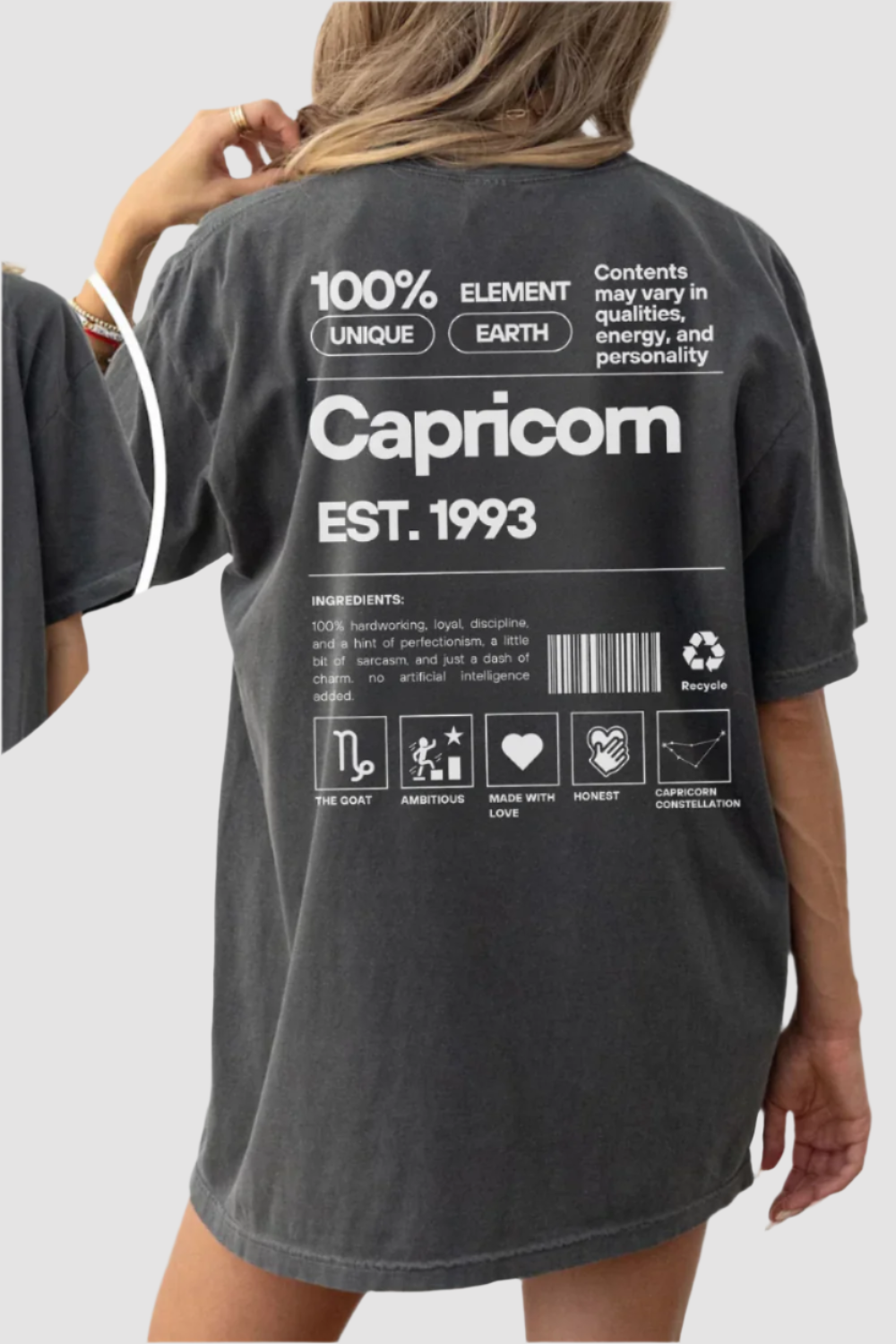 Dark grey t-shirt with Capricorn zodiac sign, "Earth Element" and "Est. 1993" printed on the back. Casual, oversized fit.
