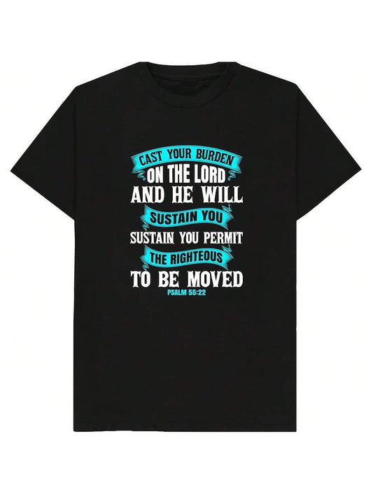 Black t-shirt with a blue scripture quote "Cast Your Burden On The Lord And He Will Sustain You" from Psalm 55:22.
