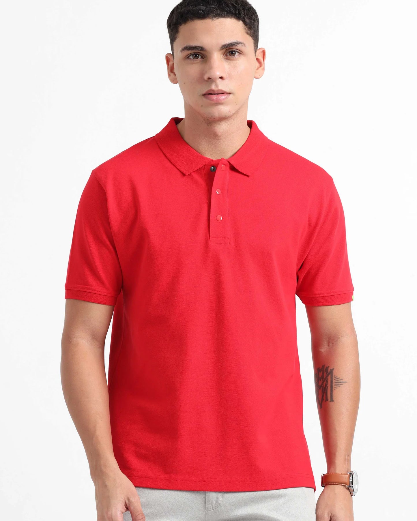 Casual Look Men in Bright Red Polo T-shirt Front side view