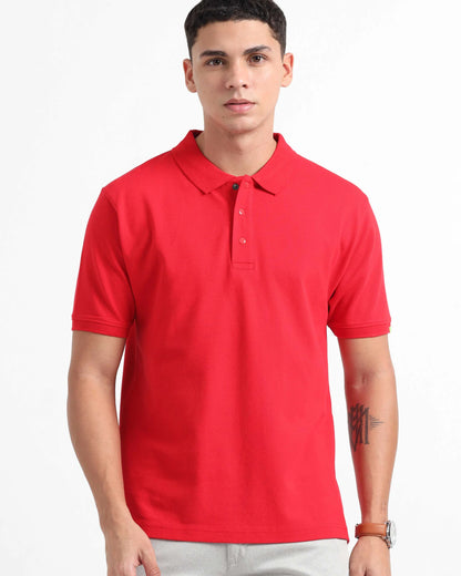 Casual Look Men in Bright Red Polo T-shirt Front side view