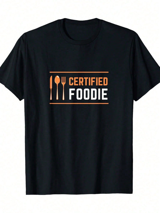 Black t-shirt with "Certified Foodie" text and knife, spoon, and fork graphics.  A stylish design for passionate food lovers.