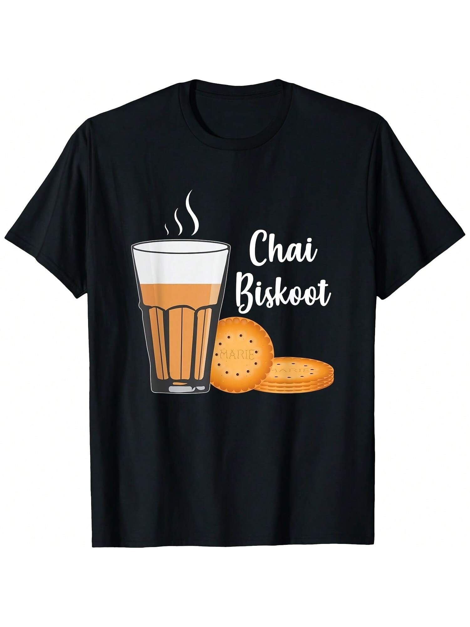 Black t-shirt featuring a glass of steaming chai and two Marie biscuits with the text "Chai Biskoot". The imagery suggests a connection to South Asian tea culture, particularly in regions where chai and biscuits are a common pairing.