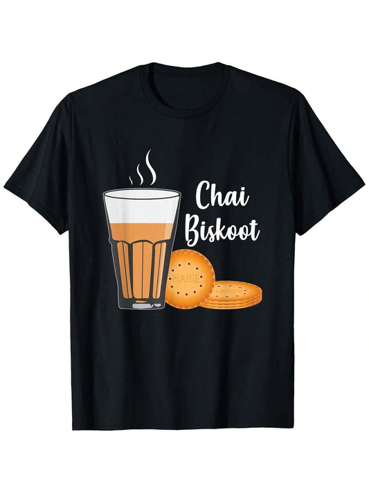 Black t-shirt featuring a glass of steaming chai and two Marie biscuits with the text "Chai Biskoot". The imagery suggests a connection to South Asian tea culture, particularly in regions where chai and biscuits are a common pairing.