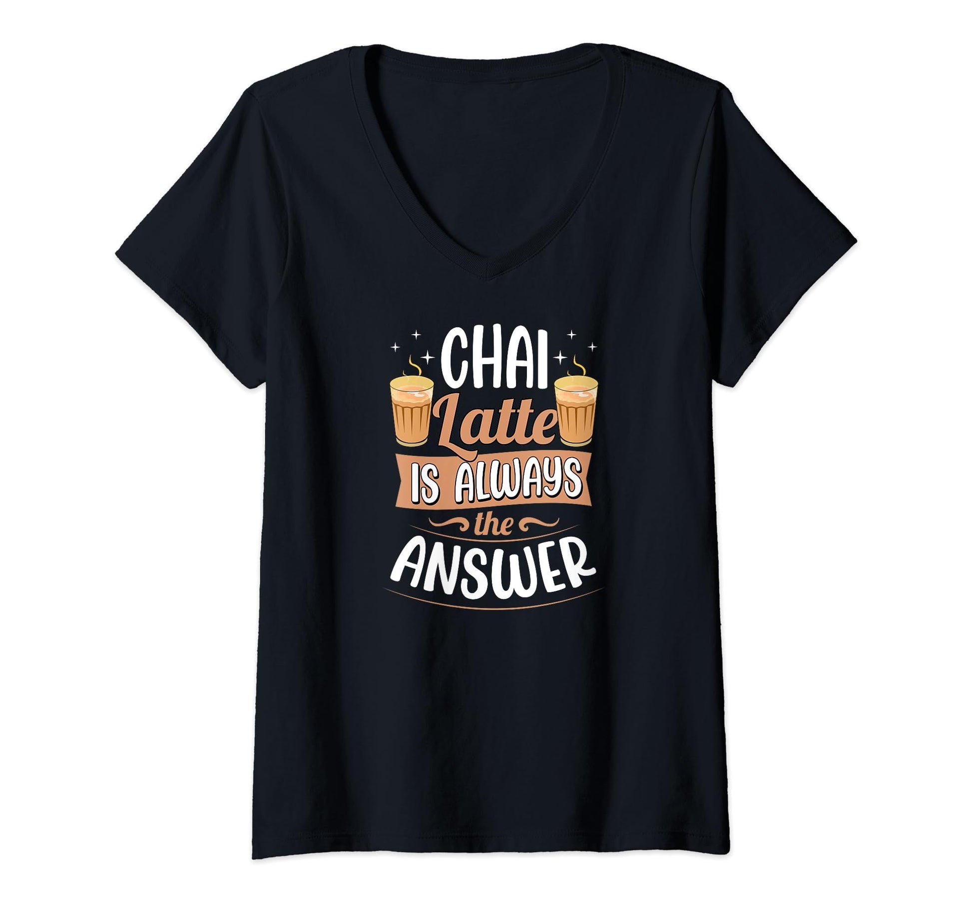 Dark blue v-neck t-shirt with "Chai Latte is always the answer" text and chai latte graphics. A comforting design for chai latte enthusiasts.