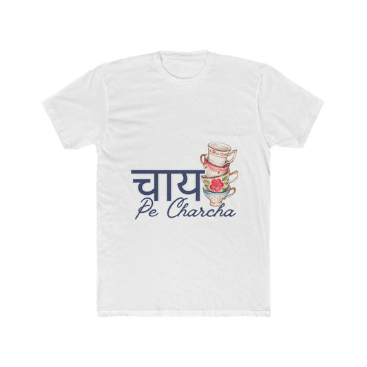 White t-shirt with "Chai Pe Charcha" in Hindi and English, and a stack of watercolor tea cups. A cultural design for tea lovers and conversation.