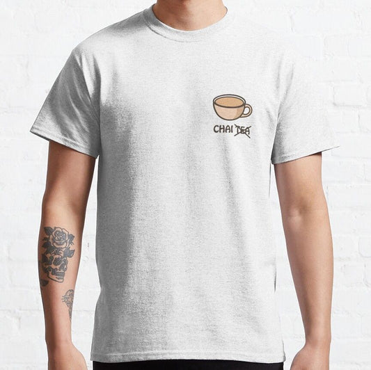 Ash White t-shirt with a small chai tea cup graphic and "Chai Tea" text. A simple and elegant design for chai lovers.