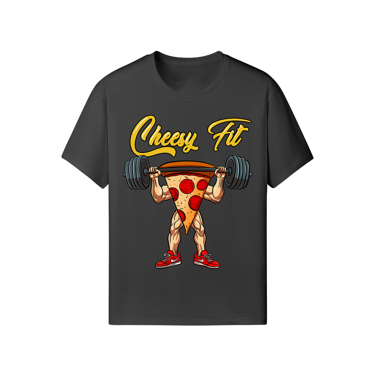 Dark gray t-shirt with a cartoon pizza slice lifting a barbell and "Cheesy Fit" text.