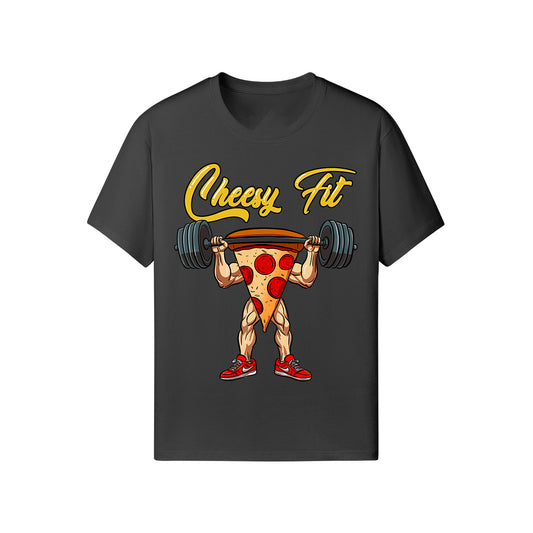Dark gray t-shirt with a cartoon pizza slice lifting a barbell and "Cheesy Fit" text.