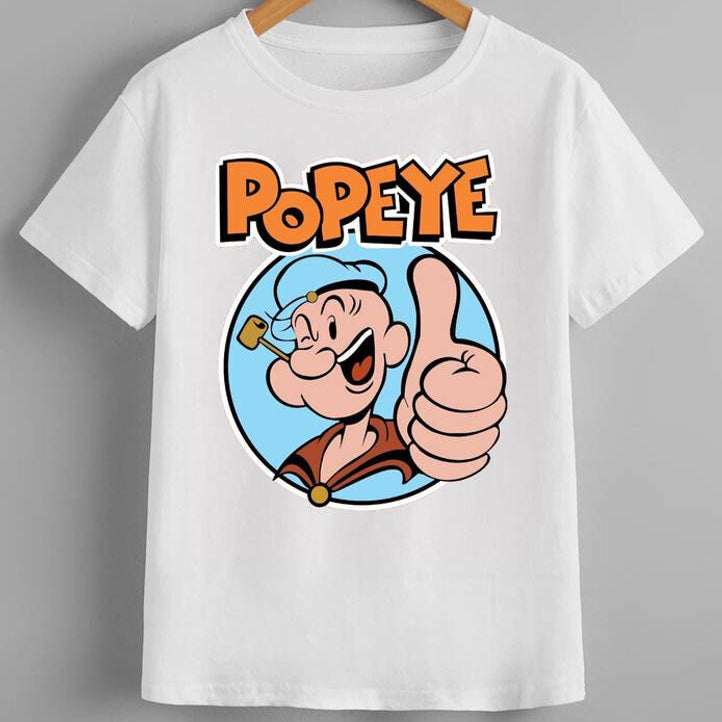 White t-shirt on a hanger features a cartoon of Popeye giving a thumbs-up with his name above him.