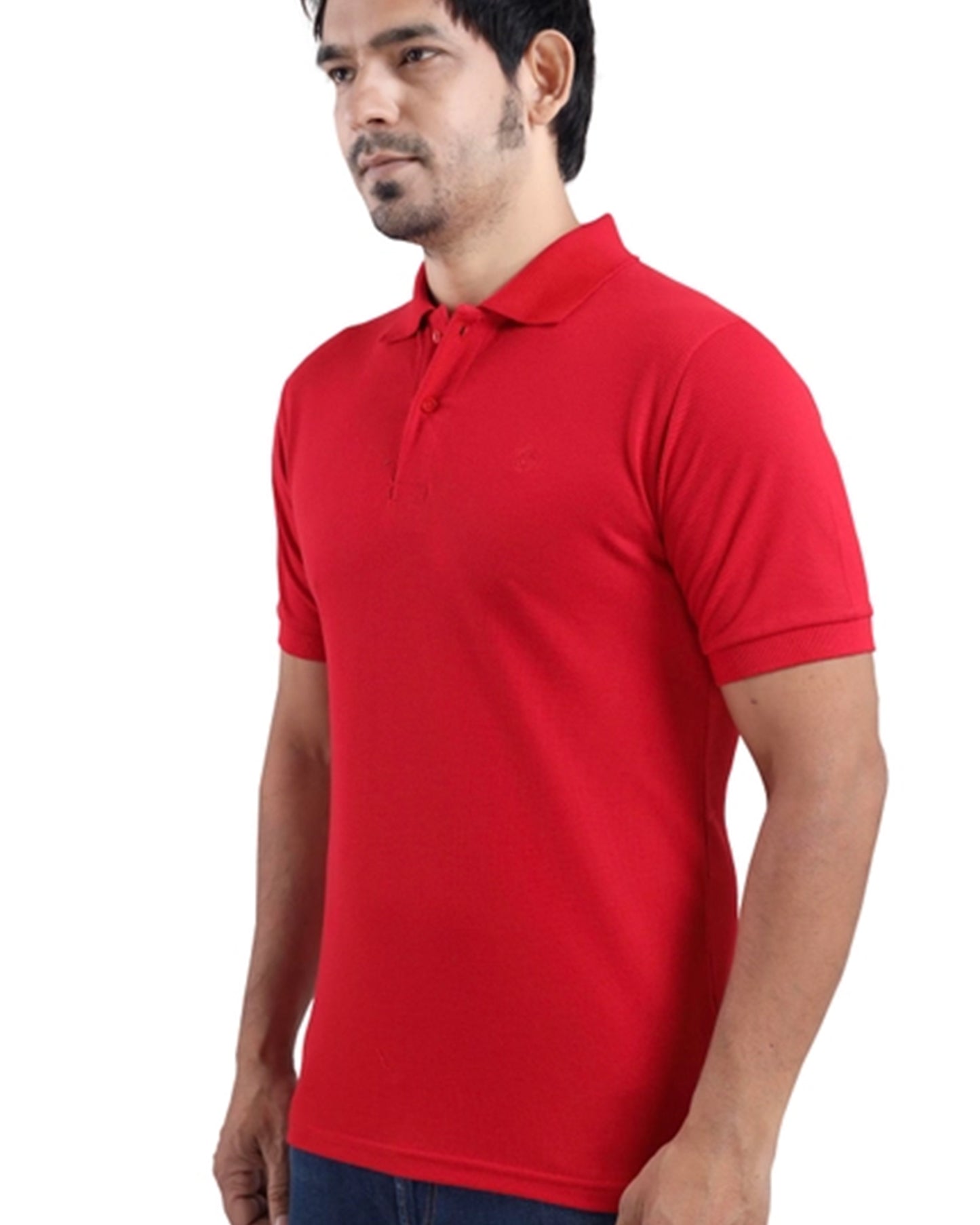  Men in a classic red polo t-shirt featuring a collar and buttons
