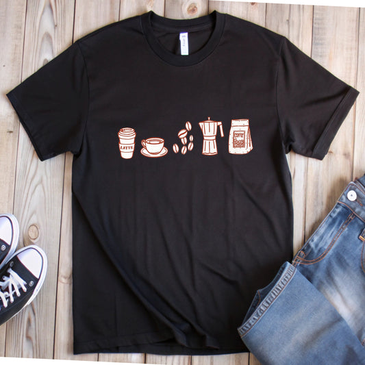 Black t-shirt with white line art coffee icons: latte cup, espresso cup, coffee beans, moka pot, and coffee bag. A simple and stylish design for coffee lovers.