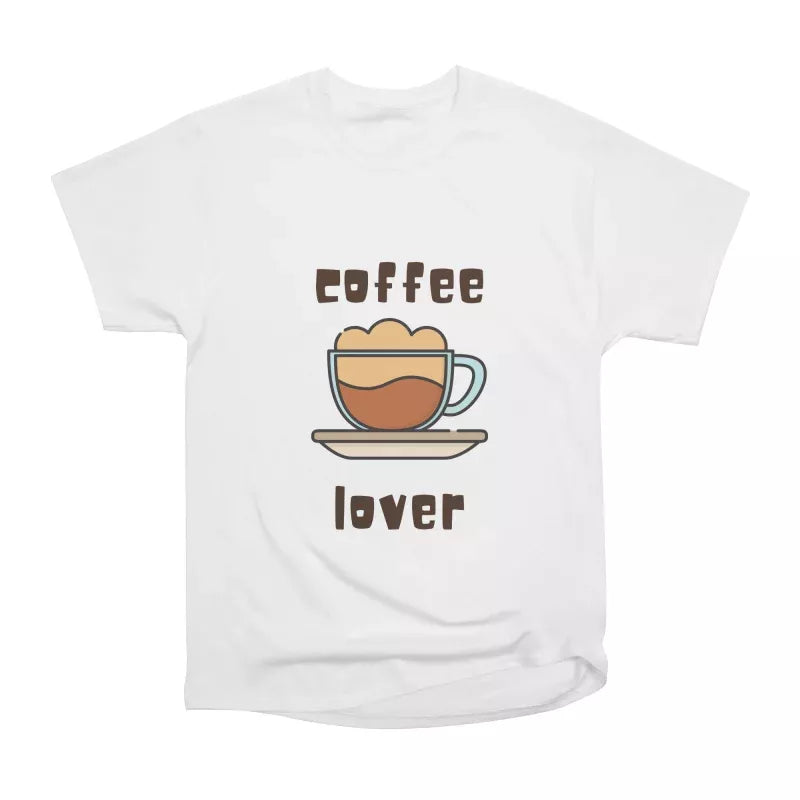 White t-shirt with a stylized coffee cup graphic and "coffee lover" text. A simple design for coffee enthusiasts.