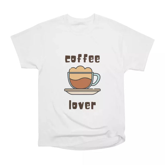 White t-shirt with a stylized coffee cup graphic and "coffee lover" text. A simple design for coffee enthusiasts.