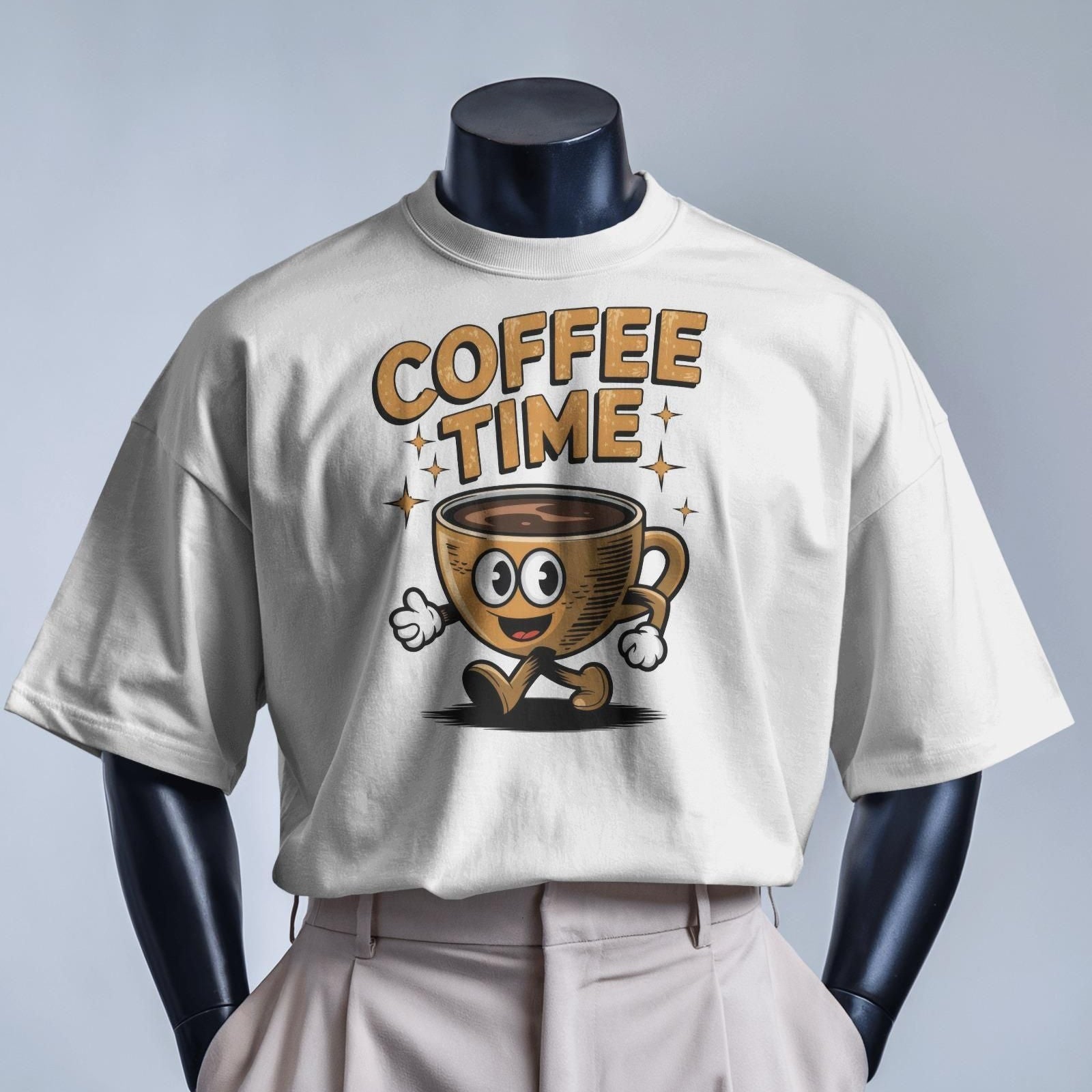 Light beige t-shirt with "Coffee Time" text and a cartoon coffee cup character graphic. A playful design for coffee lovers.