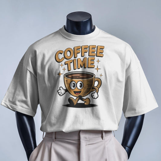 Light beige t-shirt with "Coffee Time" text and a cartoon coffee cup character graphic. A playful design for coffee lovers.