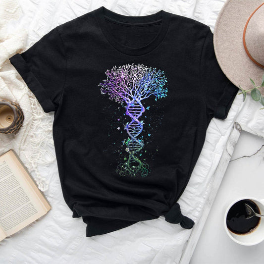 Black T-Shirt featuring a vibrant, artistic rendering of a DNA helix transforming into a tree of life.