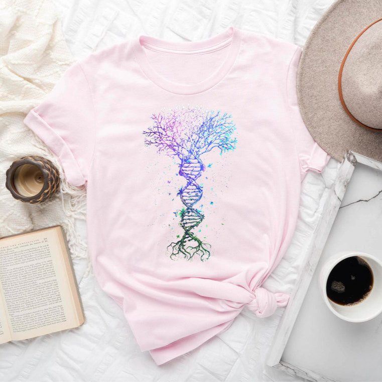 Light Pink T-Shirt featuring a vibrant, artistic rendering of a DNA helix transforming into a tree of life.