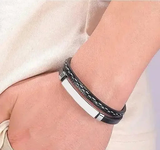 Custom Engraved Leather Bracelet | Men’s Black-Silver Wristband