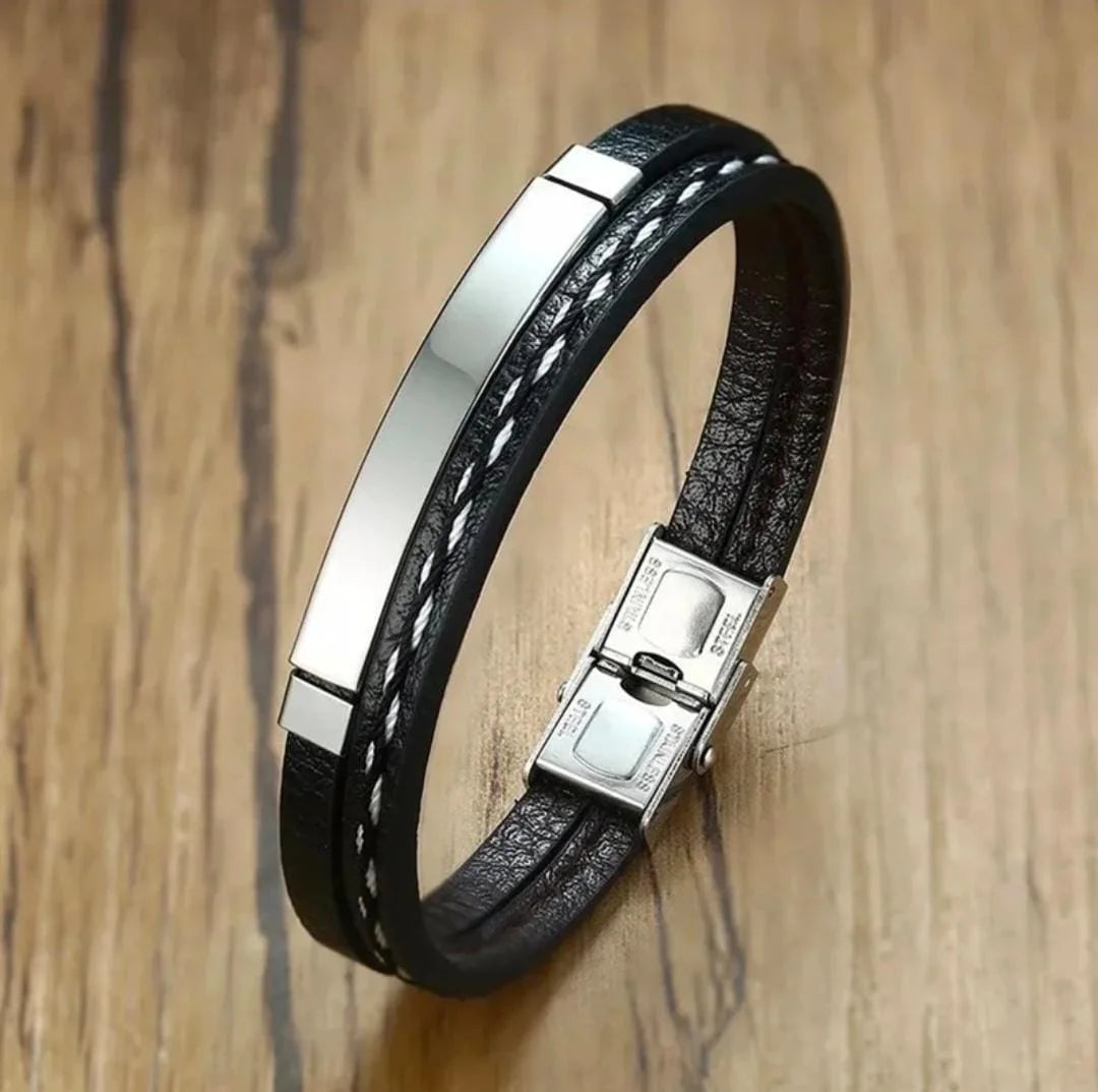 Custom Engraved Leather Bracelet | Men’s Black-Silver Wristband