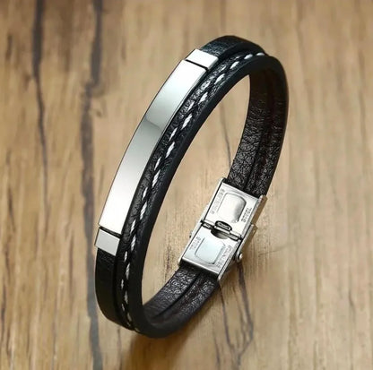 Custom Engraved Leather Bracelet | Men’s Black-Silver Wristband