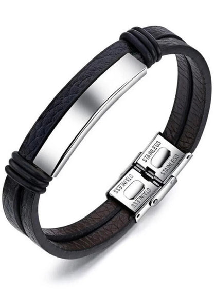 Custom Engraved Black Leather Bracelet | Men’s Wristwear