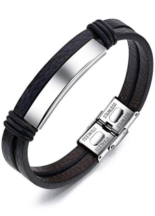 Custom Engraved Black Leather Bracelet | Men’s Wristwear