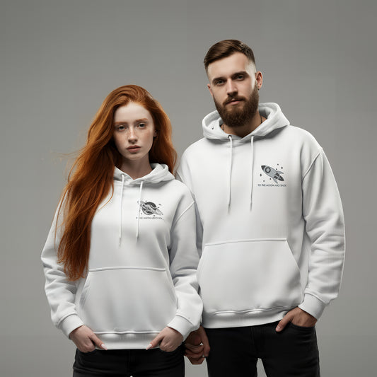 Couple White Hoodies Designed With Planets & Stars As Well As Spaceship