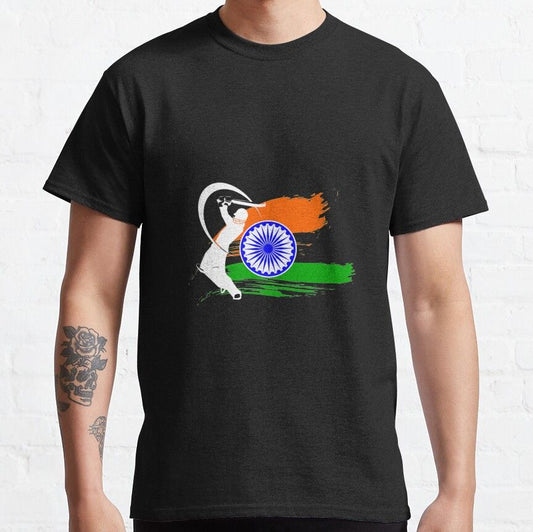Cricket India flag t-shirt features a distinctive, high-resolution sport and patriotic design on quality black fabric, showcasing our unique style.