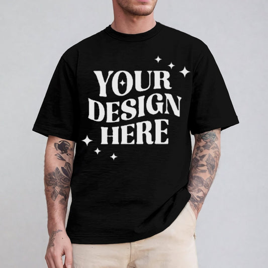Black Unisex T-Shirt With Customizable Front Design Area, Styled With Bold White Text And Decorative Star Accents.