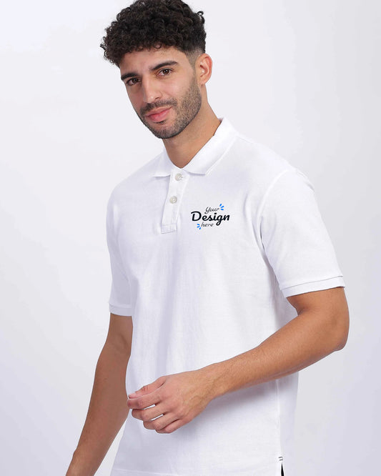  Men wearing a white polo t-shirt with custom logo on left chest