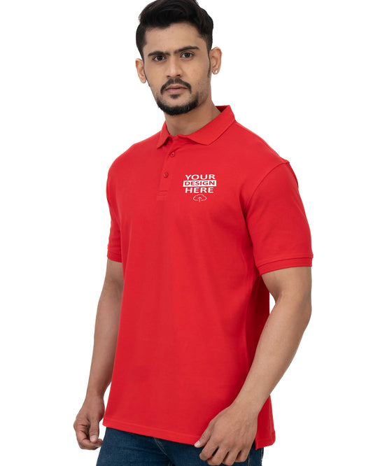 Men wearing a red polo t-shirt with customizable design area.