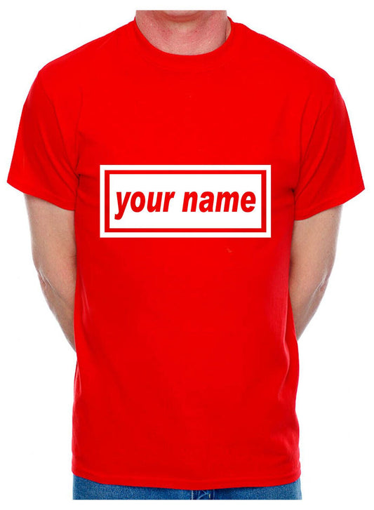 Red Unisex T-Shirt Featuring A Bold Personalized Name Print In A Framed Design, Ideal For Custom Gifting, Branding, Or Personal Expression.