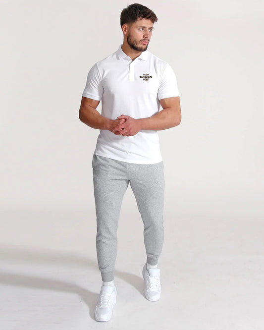 Men wearing a white polo t-shirt with custom chest design option