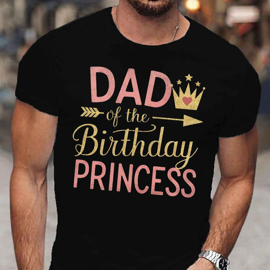 Black t-shirt with "Dad of the Birthday Princess" in pink and gold lettering.  Features crown and arrow design.  Casual fit.