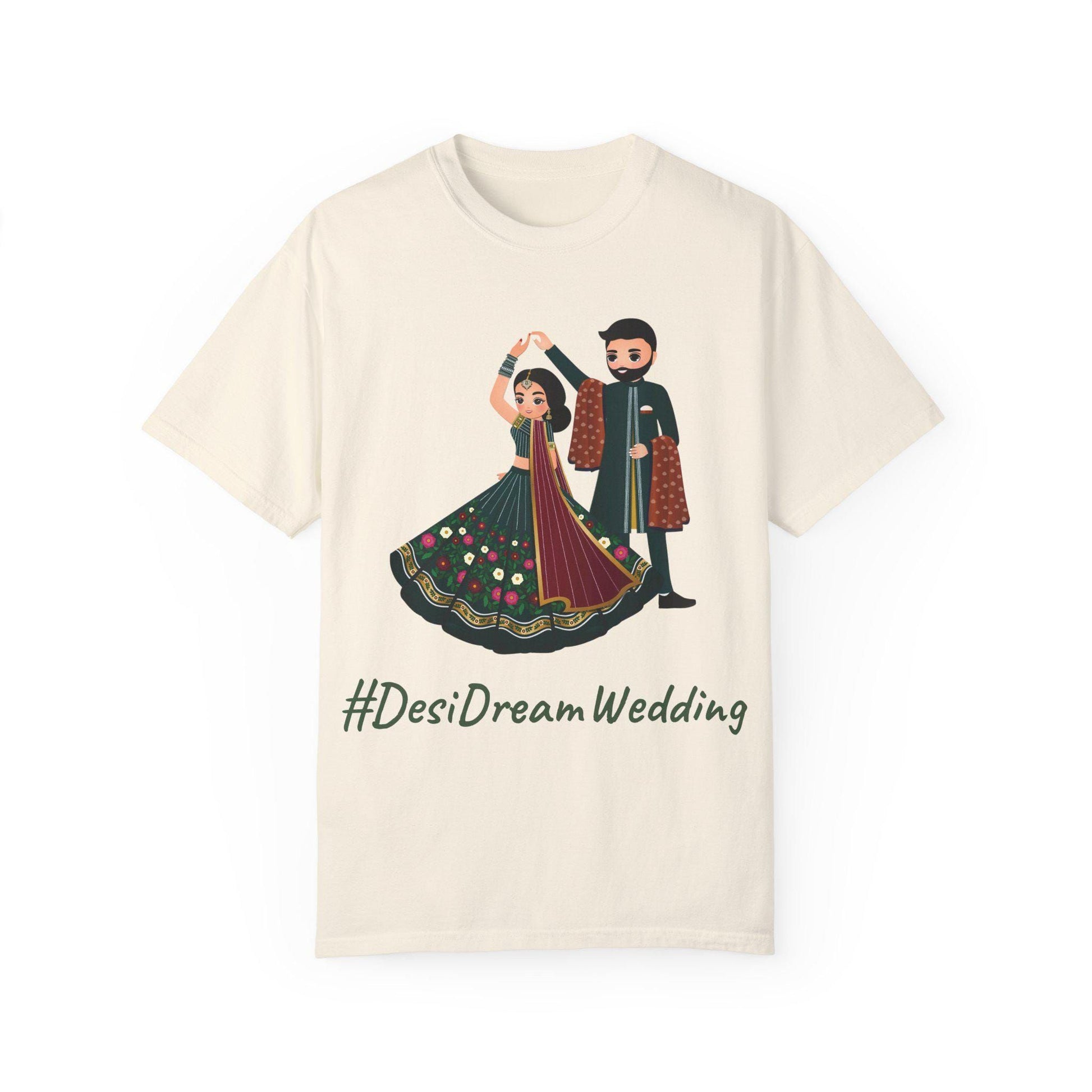Cream-colored t-shirt with a cartoon illustration of a couple dancing in wedding attire.
