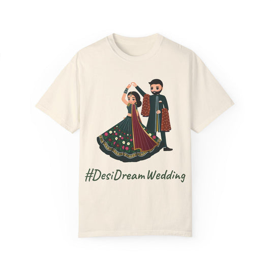 Cream-colored t-shirt with a cartoon illustration of a couple dancing in wedding attire.