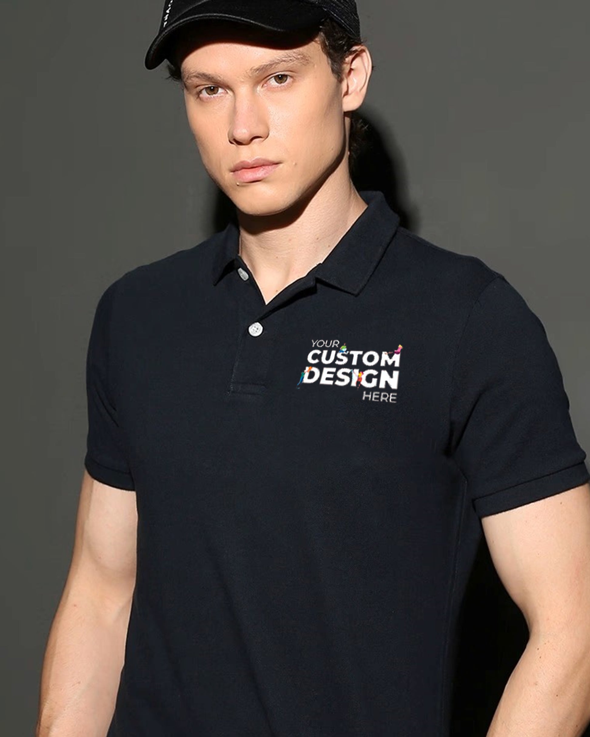 Dark_Black_Polo_TShirt_with_Your_Custom_Design_Here_Text_front left_print
