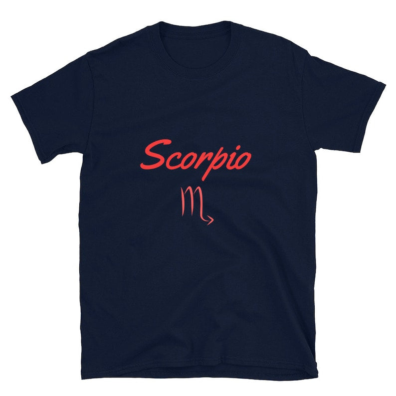Dark Navy t-shirt features the word "Scorpio" and its astrological symbol in red.
