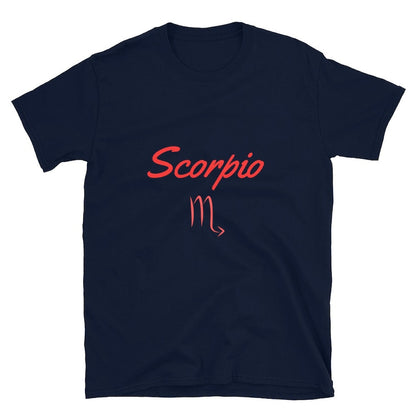 Dark Navy t-shirt features the word "Scorpio" and its astrological symbol in red.