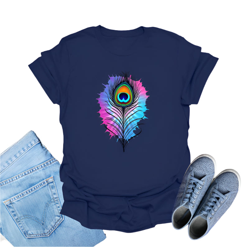 Dark Navy t-shirt featuring a colorful watercolor-style graphic of a peacock feather.