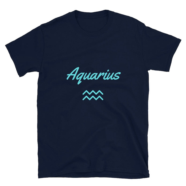 Dark Navy t-shirt displays the word "Aquarius" in teal script above the Aquarius zodiac symbol.