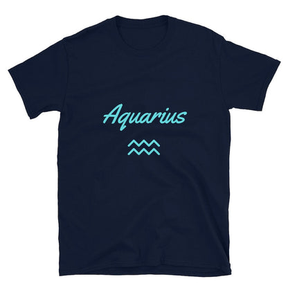 Dark Navy t-shirt displays the word "Aquarius" in teal script above the Aquarius zodiac symbol.