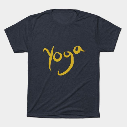 Dark gray t-shirt with "Yoga" in yellow script.