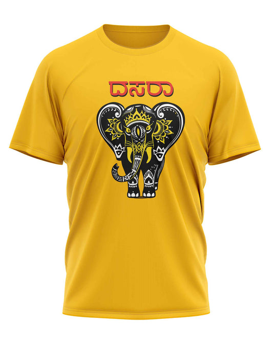  Yellow t-shirt with "Dasara" in Kannada script and an elephant graphic. A design related to the Dasara festival, a significant cultural event in Karnataka.