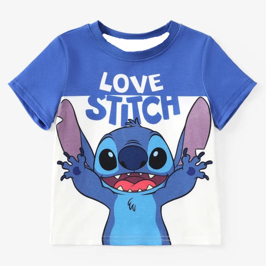 Blue and white t-shirt with a "Love Stitch" text and Stitch cartoon graphic.