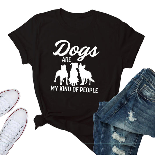 Black t-shirt with white lettering "Dogs Are My Kind Of People" and three dog silhouettes.