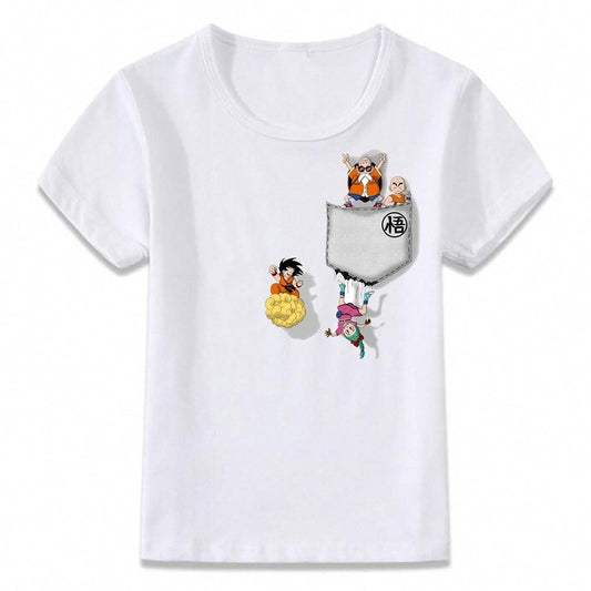 White t-shirt with Dragon Ball Z characters Goku, Bulma, Krillin, and Master Roshi in a pocket graphic.