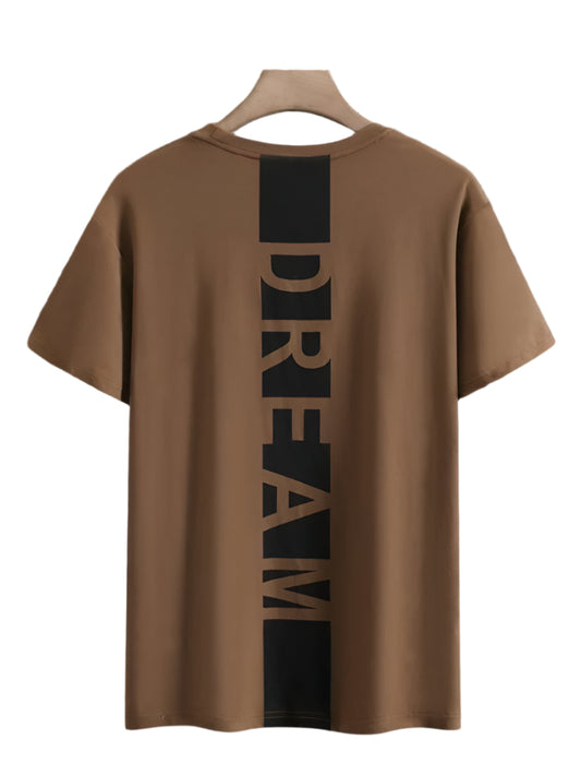 Brown oversize t-shirt with a vertical black stripe down the back, featuring the word "Dream" within the stripe.