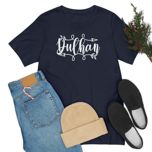 Dark blue cotton t-shirt with the word "Dulhan" in a decorative white script font, suggesting it's for a bride in an Indian wedding context.